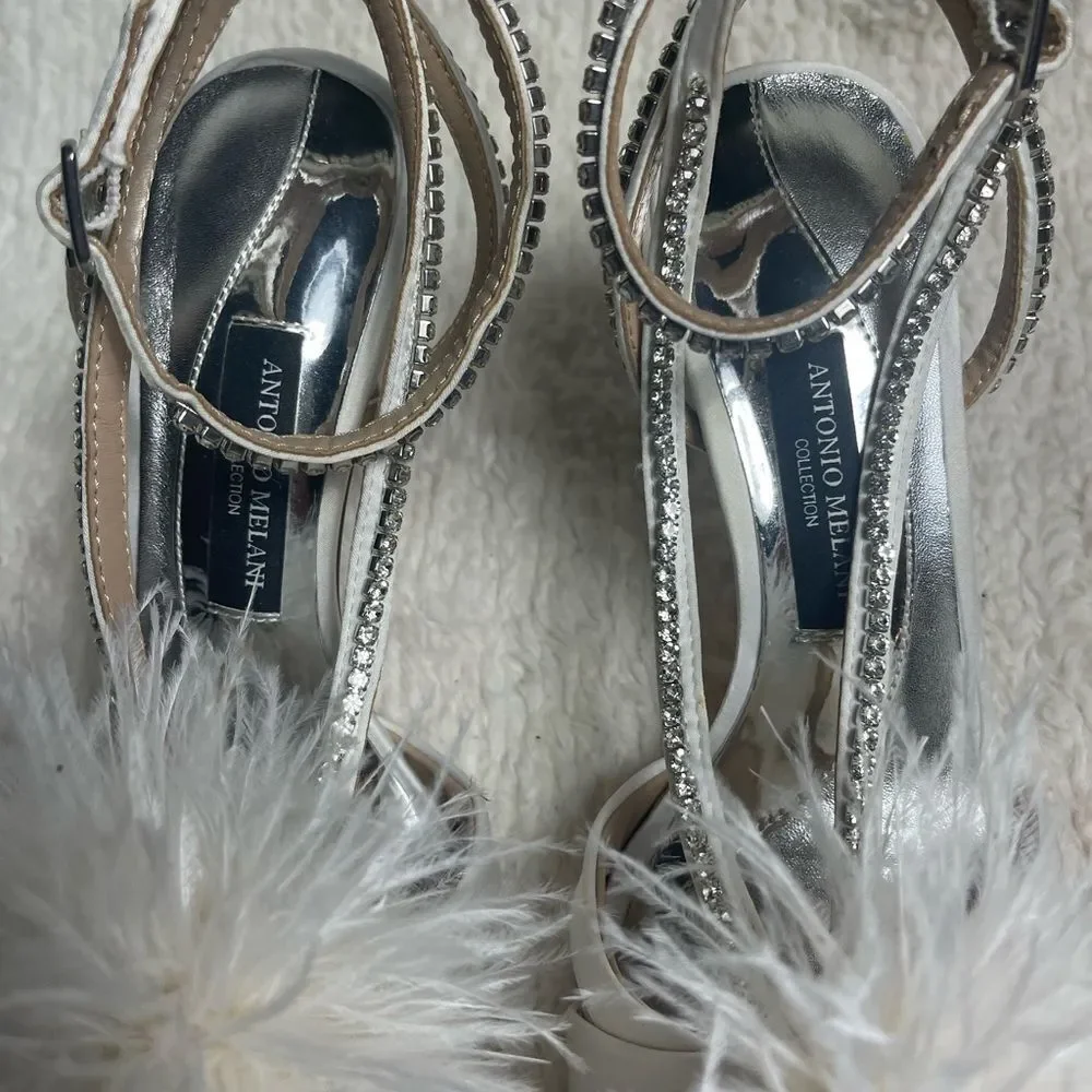 Antonio Melani white Satin Feathered &Rhinestones ankle strap heel Sandals.SZ9M